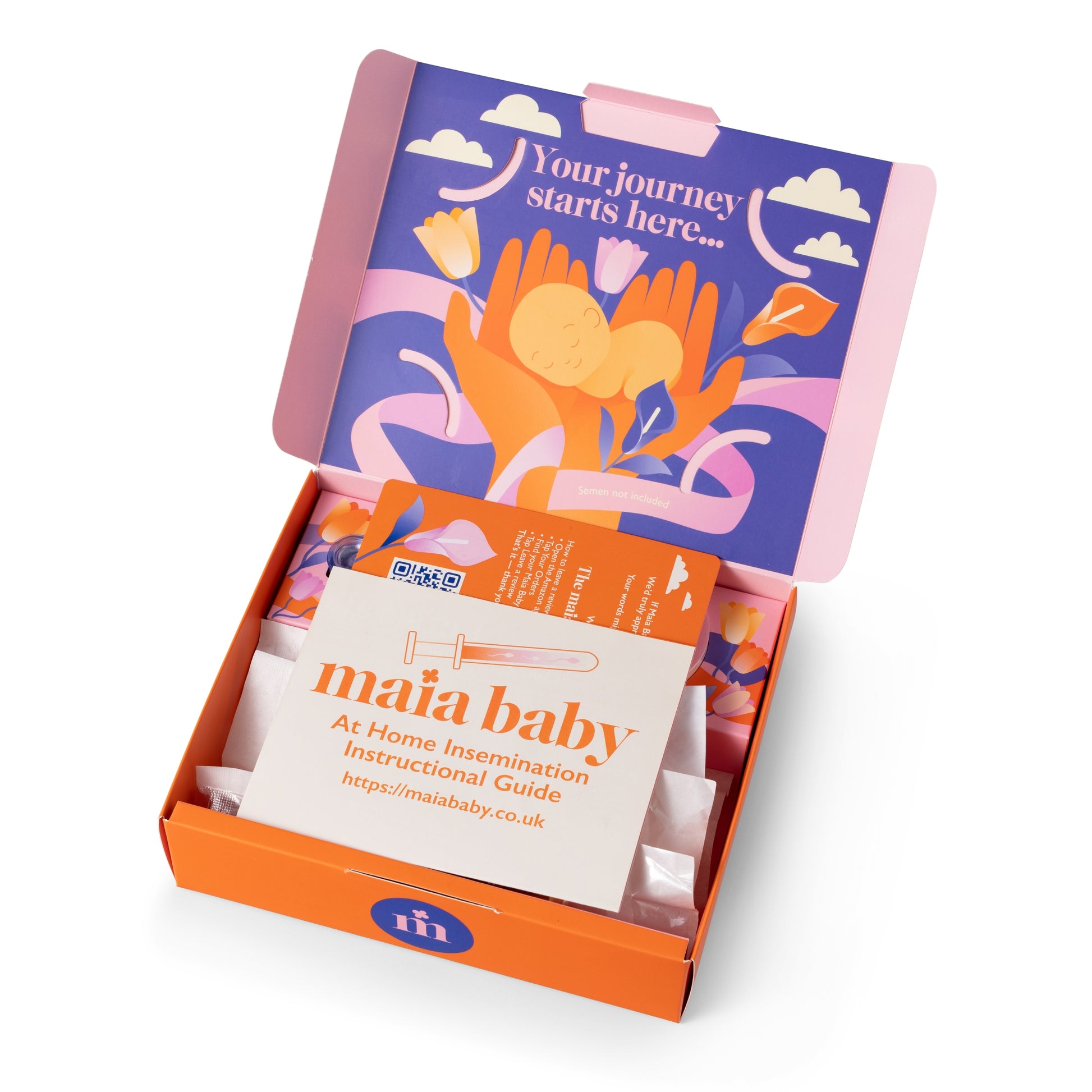 Geöffnetes Maia Baby Heiminseminations-Kit mit vollständigem Inhalt